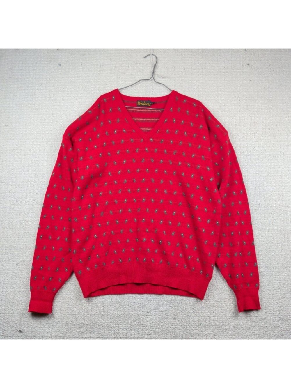 Vintage 90’s Wolsey Lambswool Granpa Knit Pullover Sweater V-Neck Red Men Sz XLT
